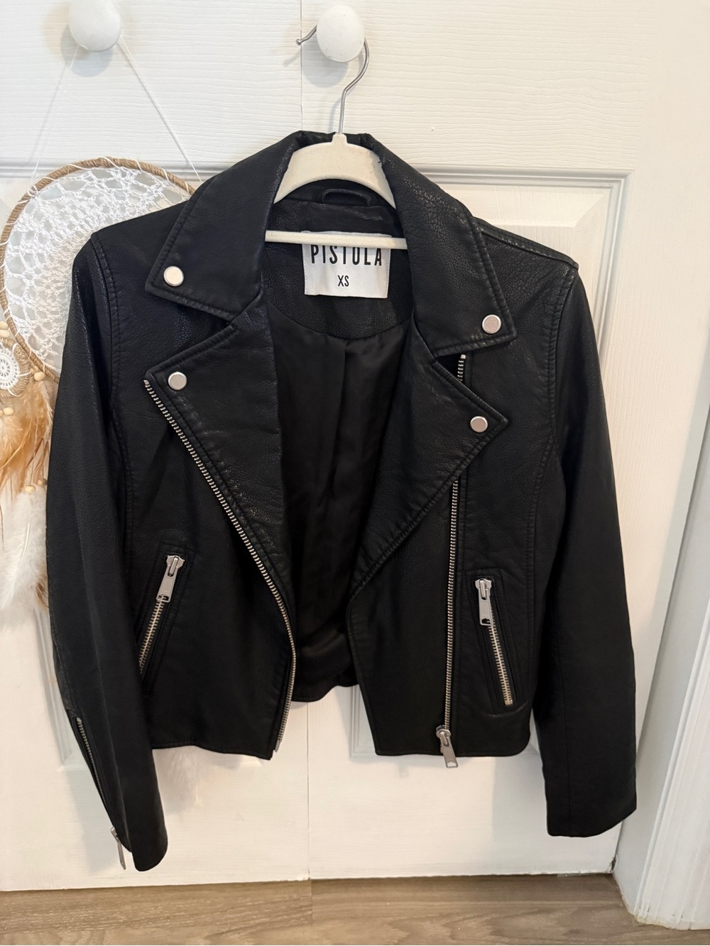 Pistola Black Faux Leather Moto Jacket with Silver Hardware, Size XS